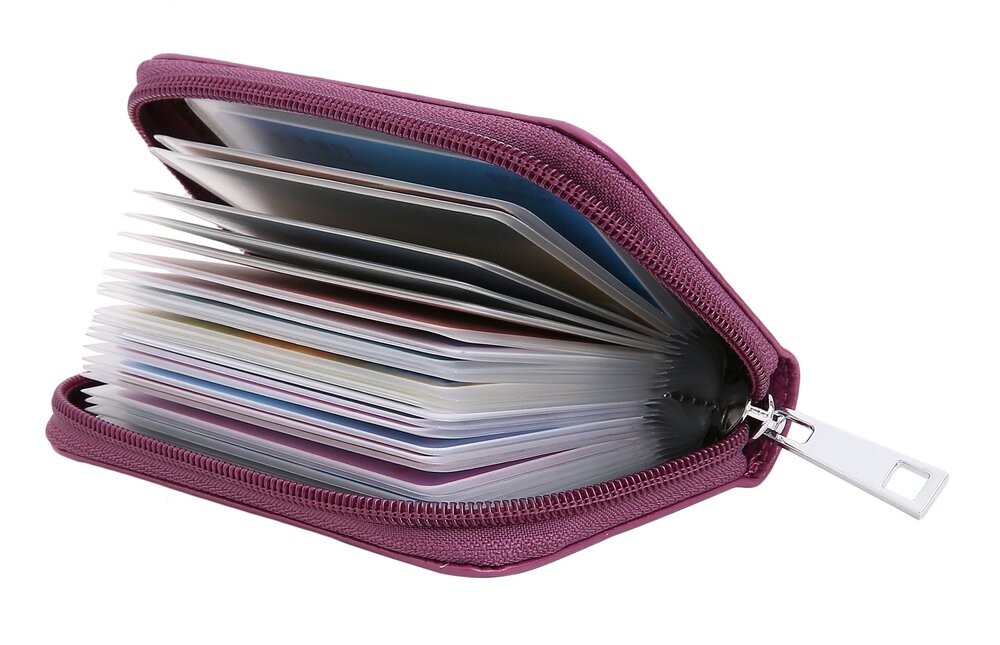 2875 Leather Credit Card Holder Zipper Wallet With 26 Card Slots Purple